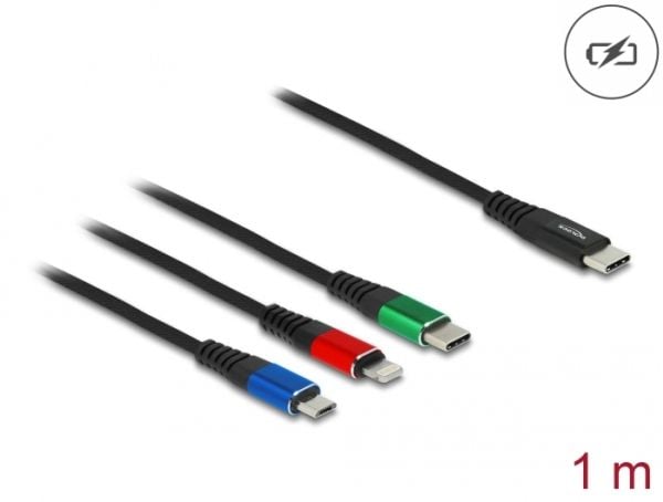 DeLOCK 86596, 1 m, USB C, USB C/micro-USB B/Lightning, USB 2.0, Musta, Sininen, Vihreä, Punainen