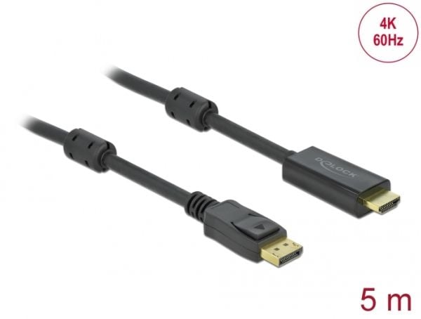Delock - Adapterkabel - DisplayPort hann låsing til HDMI hann - 5 m - trippel beskyttelse - svart - 4K-støtte, aktiv