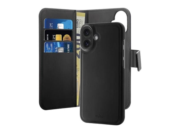 PURO - Lommebok for mobiltelefon - detachable , 2-in-1 - polykarbonat (PC), termoplast-polyuretan (TPU), leatherette - svart - for Apple iPhone 16 ...