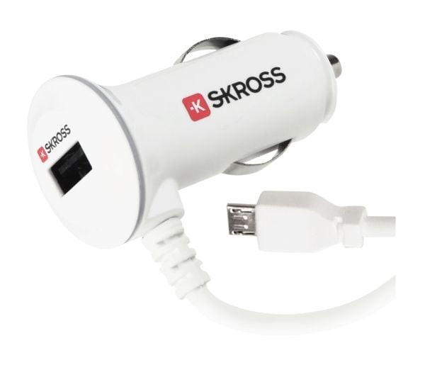 SKROSS Midget USB Car Charger PLUS - Bilstrømadapter - 2.1 A - 2 utgangskontakter (USB, Micro-USB type B) - på kabel: Micro-USB - hvit