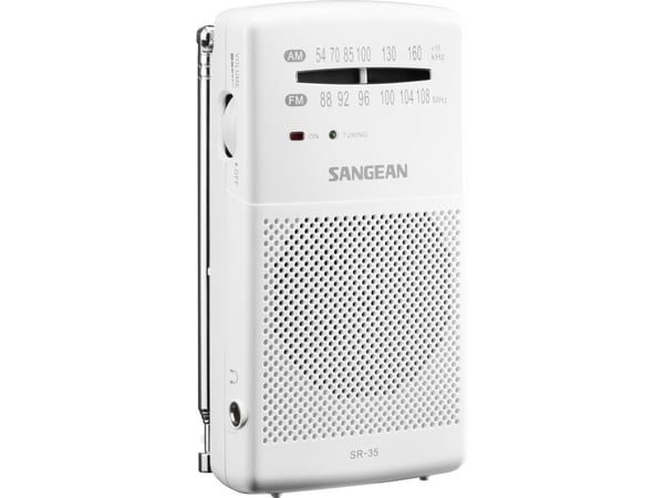SR-35 hvit FM/AM analog lomme-radio med innebygd høyttaler