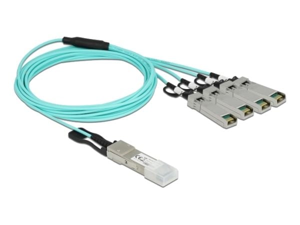 Delock - Ethernet 40GBase-AOC-kabel - QSFP+ (hann) til SFP+ (hann) - 3 m - 3 mm - SFF-8436 - Active Optical Cable (AOC) - akvamarin