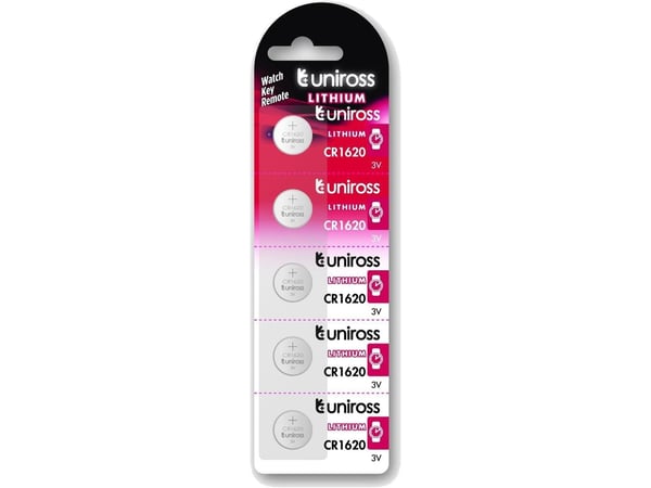 Uniross U5CR1620, Engangsbatteri, CR1620, Lithium, 3 V, 5 stykker, Sølv
