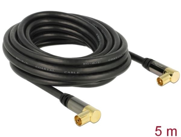 Delock - Antennekabel - IEC-kobling hunn til IEC-kobling hann - 5 m - koaksial - 85 dB - svart - 90° kontakt