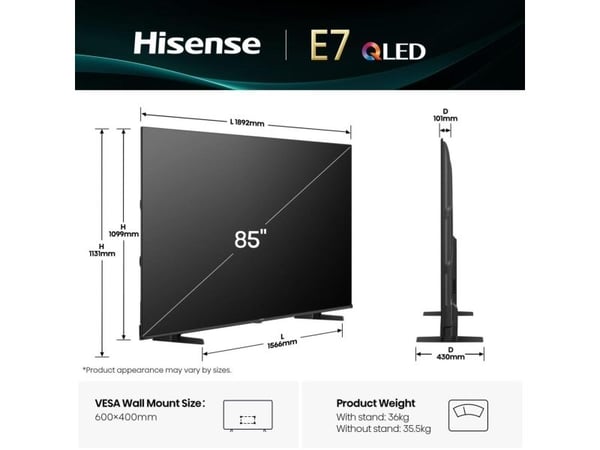 Hisense 85E77Q - 85" Diagonalklasse LED-bakgrunnsbelyst LCD TV - Smart TV - 4K UHD (2160p) 3840 x 2160 - HDR