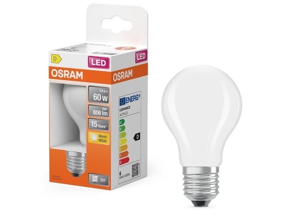 OSRAM Retrofit CLASSIC A - LED-lyspære - form: A60 - mattslipt finish - E27 - 5.9 W (ekvivalent 60 W) - klasse D - varmt hvitt lys - 2700 K