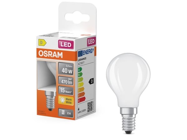 Osram 4099854468711, 3,4 W, 40 W, E14, 470 lm, 15000 timer, Varm hvit