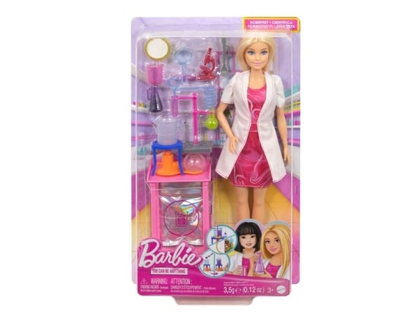 Barbie forskerdukke og tilbehør (med blond motedukke, laboratoriebord og fargeskiftende tilbehør)