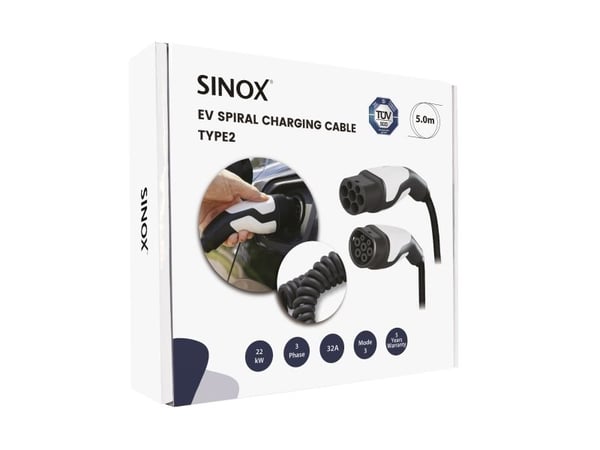 Sinox EV spiral ladekabel Mode 3. 32A 3 faser. 5m. Sort