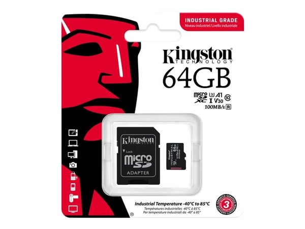 Kingston Industrial - Flashminnekort (microSDXC til SD-adapter inkludert) - 64 GB - A1 / Video Class V30 / UHS-I U3 / Class10 - microSDXC UHS-I
