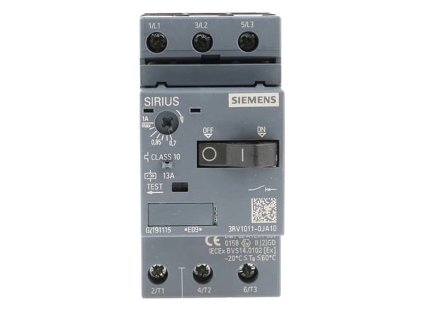Siemens 3RV1011-0JA10 Katkaisija 1 kpl 3 x katkaisija Asetusalue (virta): 0,7 - 1 A Kytkentäjännite (max.): 690 V/AC (L x K x S) 45 x 90 x 81 mm (L...