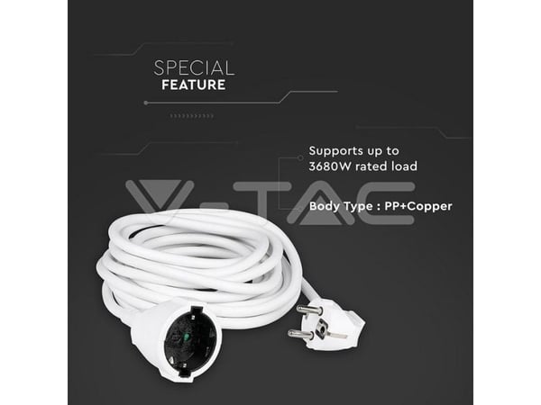 V-TAC VT-3001, 5 m, Sisä- ja ulkotila, Tyyppi F, Type F (CEE 7/4), 1,5 mm², Polypropeeni (PP)