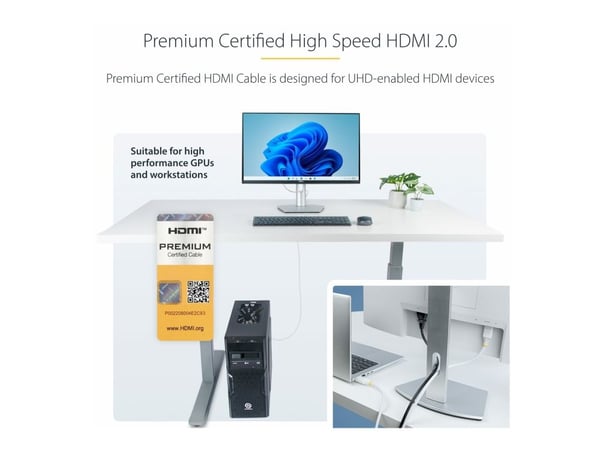 Startech 10ft (3m) Premium Certified High Speed HDMI Cable, 4K60Hz - Premium High Speed - HDMI-kabel med Ethernet - HDMI hann til HDMI hann - 3 m -...