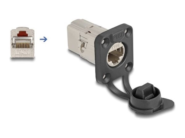 Delock D-Type RJ45 innebygd stikkontakt / kobling Cat.6A STP med beskyttelseshette IP66 støv- og vanntett