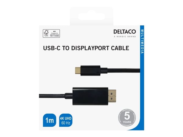DELTACO - Adapterkabel - 24 pin USB-C (hane) till DisplayPort (hane) - 1 m - 4K60Hz (3840 x 2160) stöd - svart