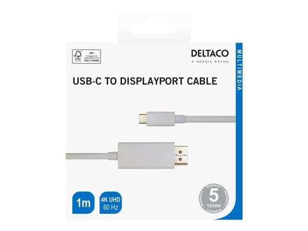 DELTACO - Adapterkabel - 24 pin USB-C (hane) till DisplayPort (hane) - 1 m - 4K60Hz (3840 x 2160) stöd - vit