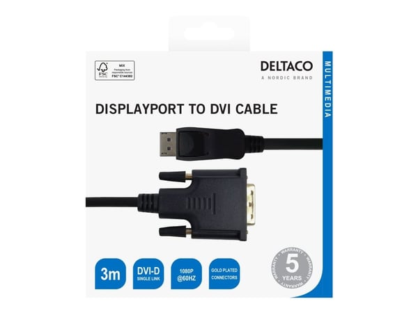 DELTACO - Adapterkabel - DisplayPort (hann) til DVI-D (hann) - 3 m - aktiv, støtte for 1920 x 1080 ved 60 Hz, up to 4.95 Gbps data transfer rate - ...