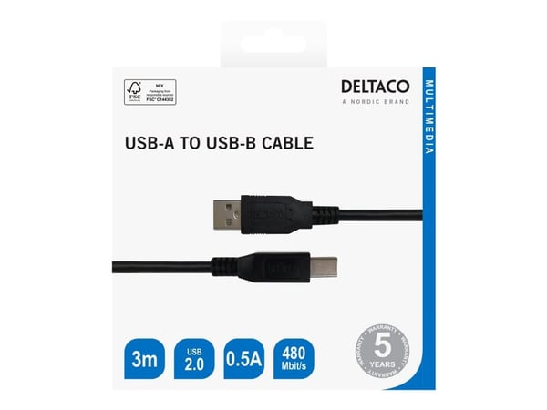 DELTACO - USB-kabel - USB (hane) till mini-USB typ B (hane) - USB 2.0 - 0.5 A - 3 m - svart