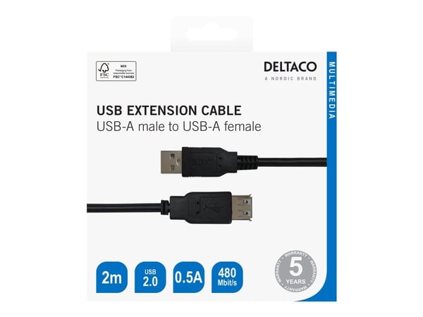 DELTACO - USB-förlängningskabel - USB (hane) till USB (hona) - USB 2.0 - 2 m - svart