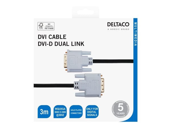 DELTACO - DVI-kabel - DVI-D (hann) til DVI-D (hann) - 3 m - digital, 3840 x 2400 ved 30Hz støtte - svart