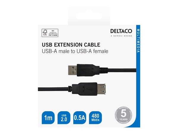DELTACO - USB-förlängningskabel - USB (hane) till USB (hona) - USB 2.0 - 1 m - svart