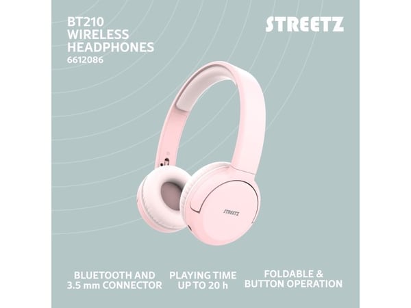 Streetz BT210-PNK, Ledning & Trådløs, Samtaler/musikk, 20 - 20000 Hz, 151 g, Hodesett, Hvit