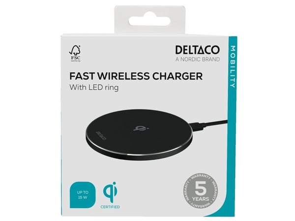 DELTACO - Trådløst ladestativ - LED-ring - 15 watt - 2 A - Fast Charge, PD 3.0 - svart
