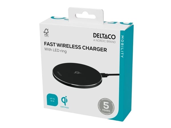 DELTACO - Trådløst ladestativ - LED-ring - 15 watt - 2 A - Fast Charge, PD 3.0 - svart