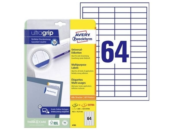 Avery 4785, Hvit, Rektangel, Permanent, A4, Universell, Papir