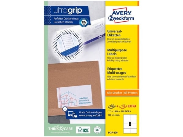 Avery 6138, Hvit, Rektangel, Permanent, A4, Universell, Papir