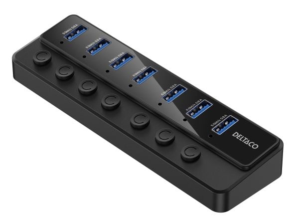 DELTACO UH-739 - Hub - med brytere, strømforsyning inkludert - 7 x SuperSpeed USB 3.0 - stasjonær