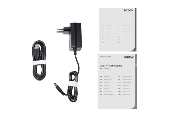 DELTACO UH-739 - Hub - med brytere, strømforsyning inkludert - 7 x SuperSpeed USB 3.0 - stasjonær