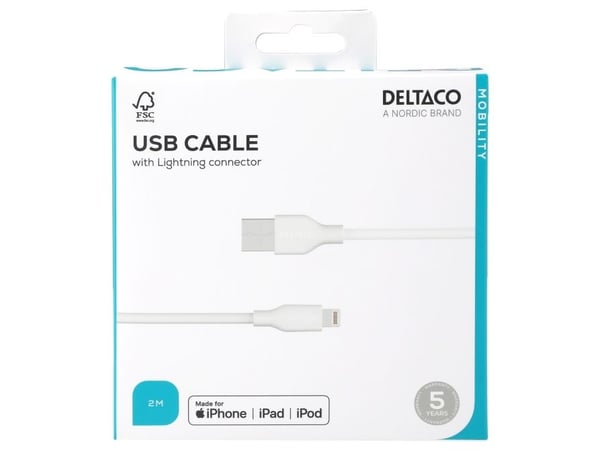 DELTACO - Lightning-kabel - USB hann til Lightning hann - 2 m - MFI-sertifisert - hvit