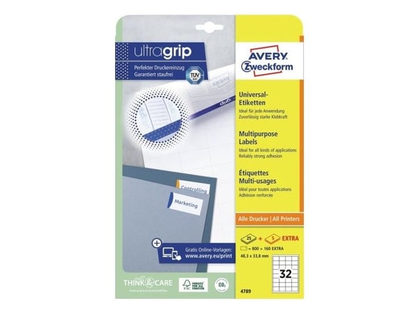Avery 4789, Hvit, Rektangel, Permanent, A4, Universell, Papir