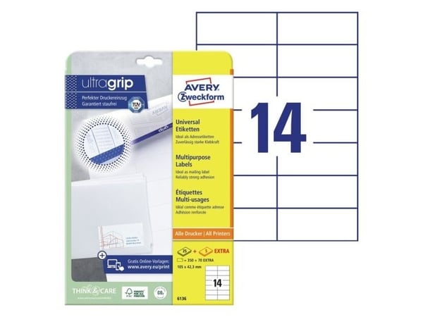 Avery 6136, Vit, Rektangel, Permanent, A4, Universal, papper
