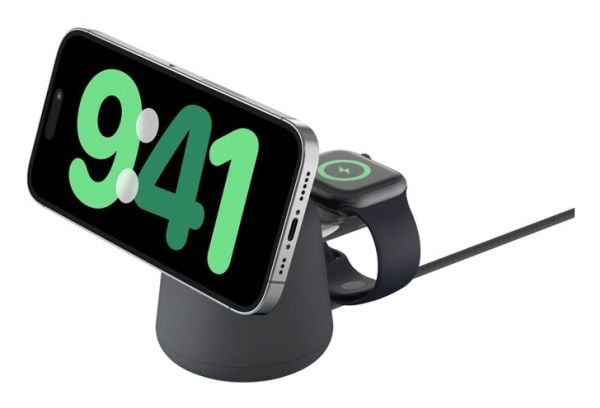 Belkin BoostCharge Pro 2-in-1 - Trådløst ladestativ - med Qi2 + AC-strømadapter - 15 watt - Fast Charge - koksgrå