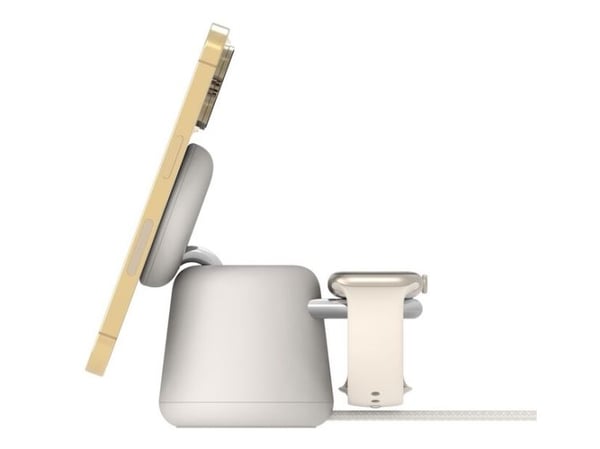 Belkin BoostCharge Pro 2-in-1 - Trådløst ladestativ - med Qi2 + AC-strømadapter - 15 watt - Fast Charge - sand