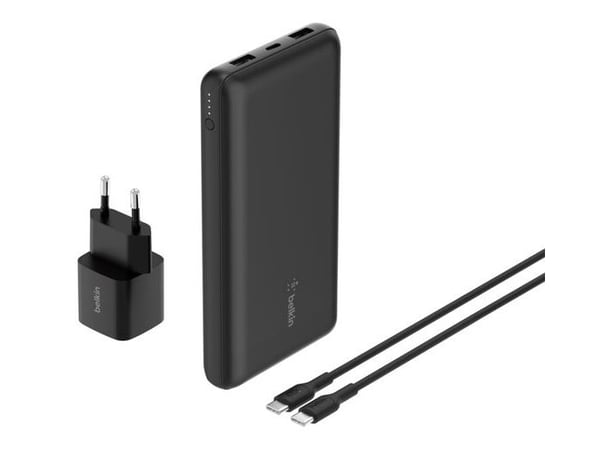 Belkin BoostCharge - Strømbank + AC-strømadapter - 20000 mAh - PD - 3 utgangskontakter (USB-C, 2 x USB) - på kabel: USB-C - Europa - med pose med g...