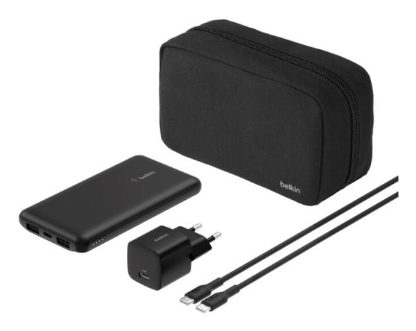 Belkin BoostCharge - Strømbank + AC-strømadapter - 10000 mAh - PD - 3 utgangskontakter (USB-C, 2 x USB) - på kabel: USB-C - Europa - med pose med g...