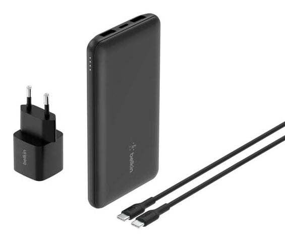 Belkin BoostCharge - Strømbank + AC-strømadapter - 10000 mAh - PD - 3 utgangskontakter (USB-C, 2 x USB) - på kabel: USB-C - Europa - med pose med g...