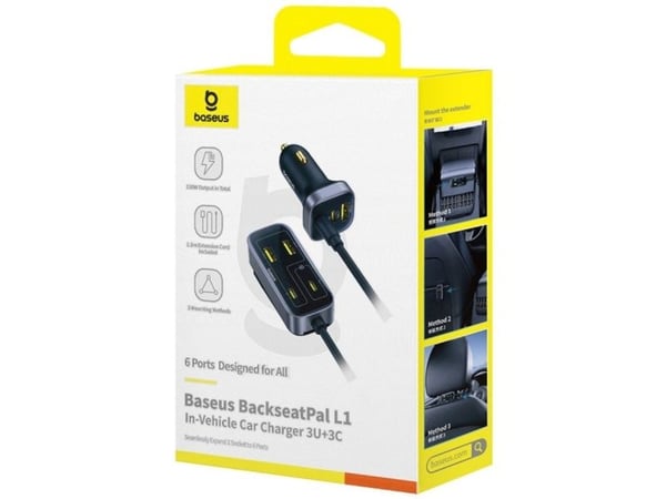 Baseus BackseatPal L1 110W 3 x USB-A + 3 x USB-C billader med 1,5 m forlengelseskabel - svart