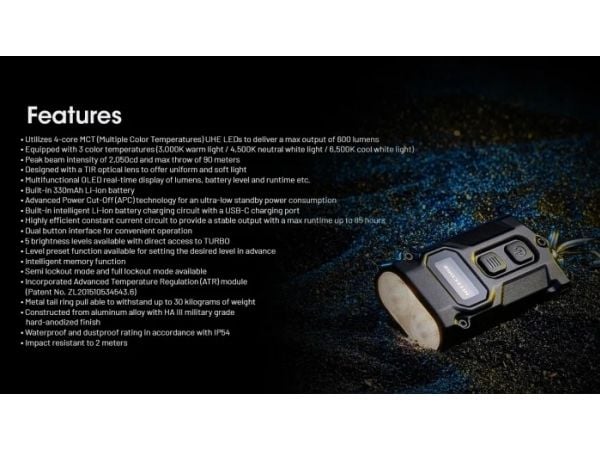 Nitecore TINI3, Nyckelringsficklampa, Svart, Gjuten aluminium, Knappar, IP54, LED