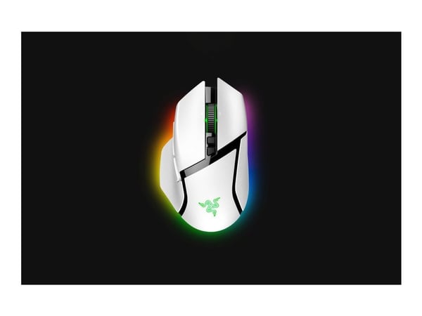 Razer Basilisk V3 pro - Mus - ergonomisk - högerhänt - optisk - 11 knappar - kabelansluten, trådlös - Bluetooth, 2.4 GHz - trådlös USB-mottagare - vit