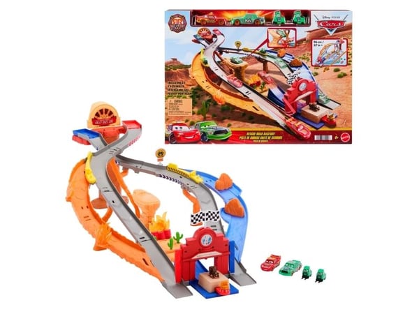 Disney Pixar Cars Disney and Pixar Cars Radiator Springs Race & Rescue Rescue Road Raceway-lekesett med 4 lekebiler, Kjøretøy og banesett, 4 år, Pl...