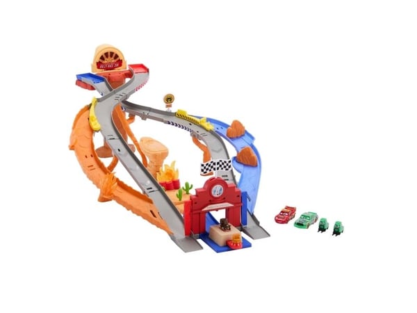 Disney Pixar Cars Disney and Pixar Cars Radiator Springs Race & Rescue Rescue Road Raceway-lekesett med 4 lekebiler, Kjøretøy og banesett, 4 år, Pl...