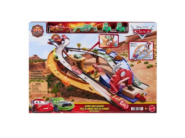Disney Pixar Cars Disney and Pixar Cars Radiator Springs Race & Rescue Rescue Road Raceway-lekesett med 4 lekebiler, Kjøretøy og banesett, 4 år, Pl...