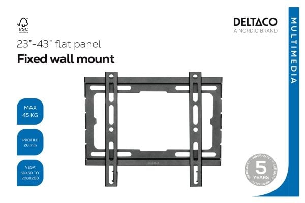 DELTACO - Monteringssett (veggmontering) - lavprofils og fast - for flatpanel - svart - skjermstørrelse: 23"-43"