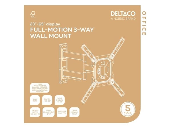 Deltaco ARM-0257-B, 60,1 m (2365"), 75 x 75 mm, 400 x 400 mm, -10 - 5°, -90 - 90°, musta
