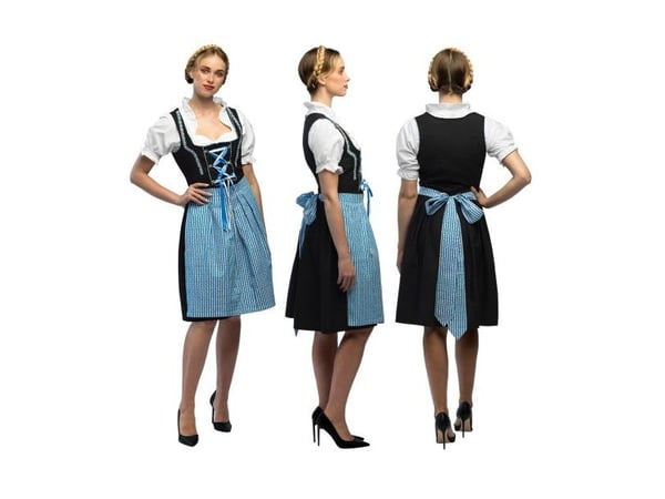 Tirolilainen mekko ja sininen esiliina
