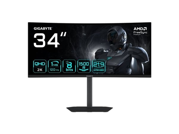 Gigabyte GS34WQCA - LED-skjerm - kurvet - 34" - 3440 x 1440 WQHD @ 120 Hz - SS VA - 300 cd/m² - 3000:1 - HDR10 - 1 ms - 2xHDMI, DisplayPort
